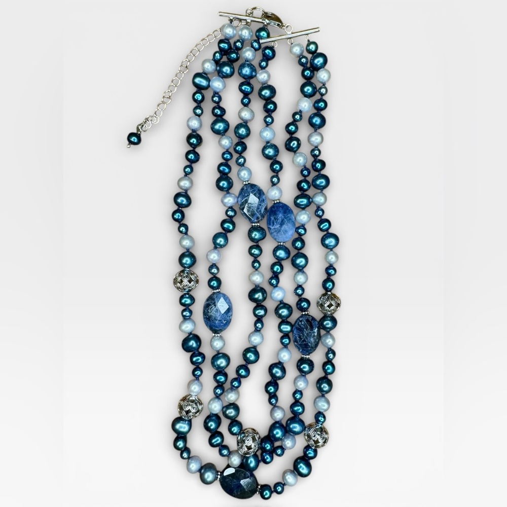 LUCAS LAMETH Sterling Triple-Strand Faceted Sodalite & Cultured Pearl Necklace - Picture 6 of 12